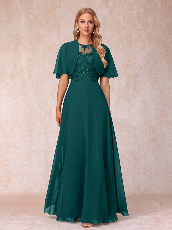 A-Line Chiffon Long Mother of the Bride Dresses with Jacket &amp; Appliques