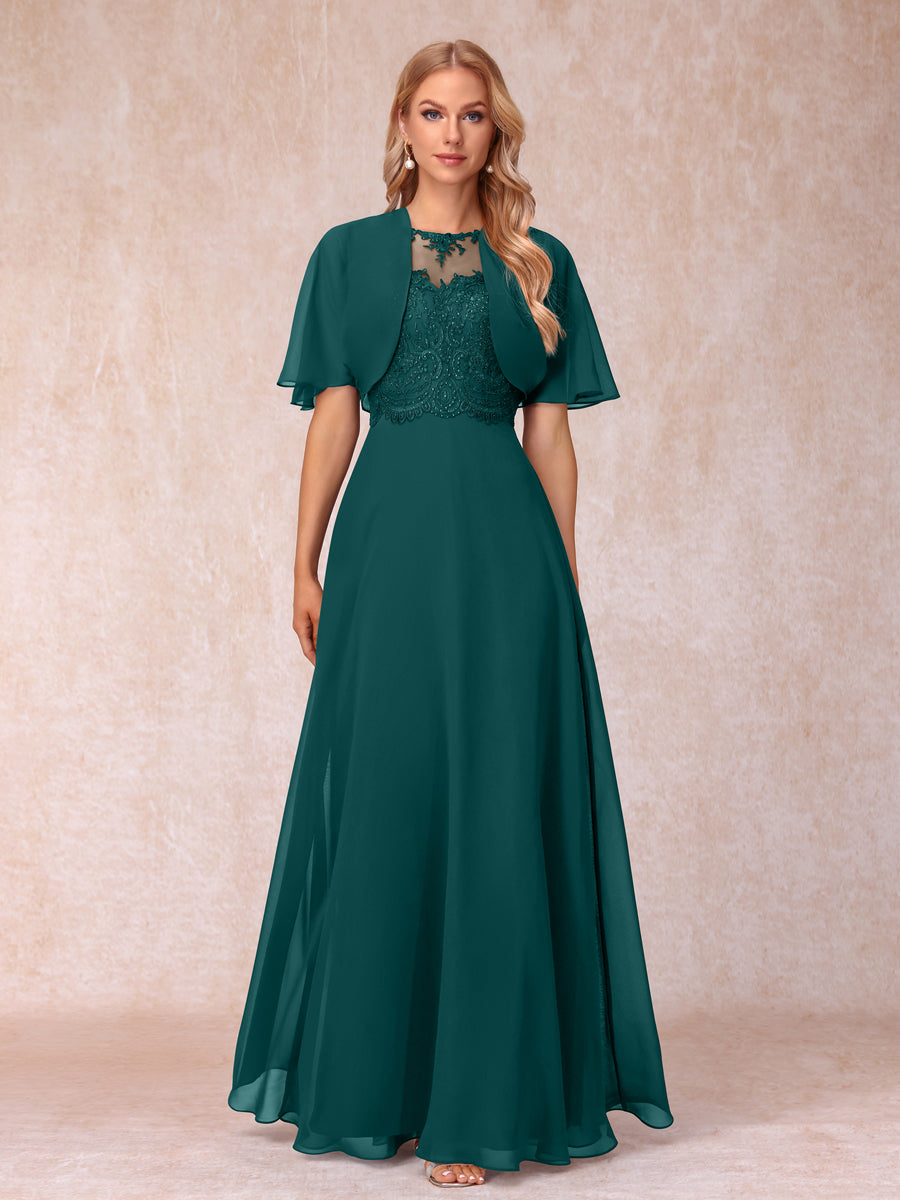 A-Line Chiffon Long Mother of the Bride Dresses with Jacket & Appliques