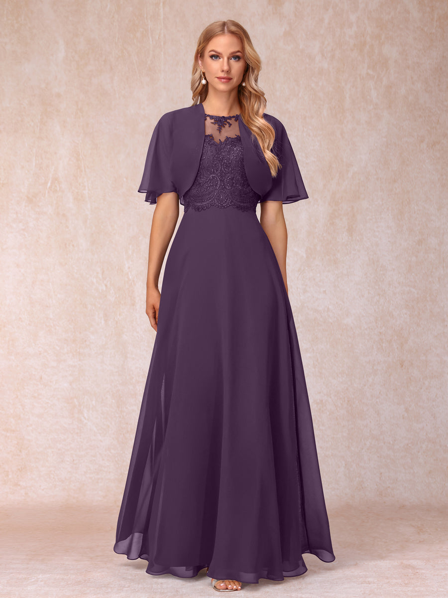 A-Line Chiffon Long Mother of the Bride Dresses with Jacket &amp; Appliques