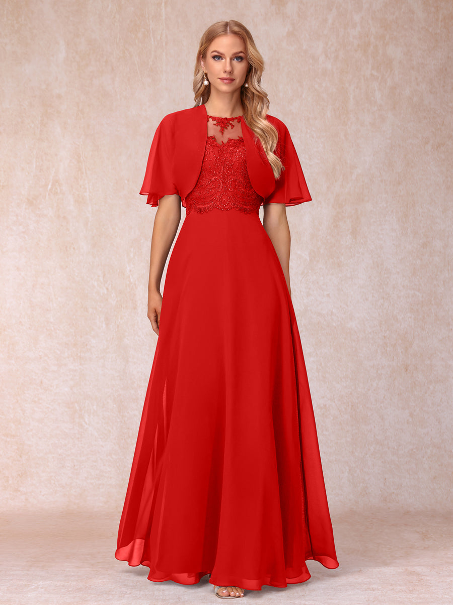 A-Line Chiffon Long Mother of the Bride Dresses with Jacket &amp; Appliques