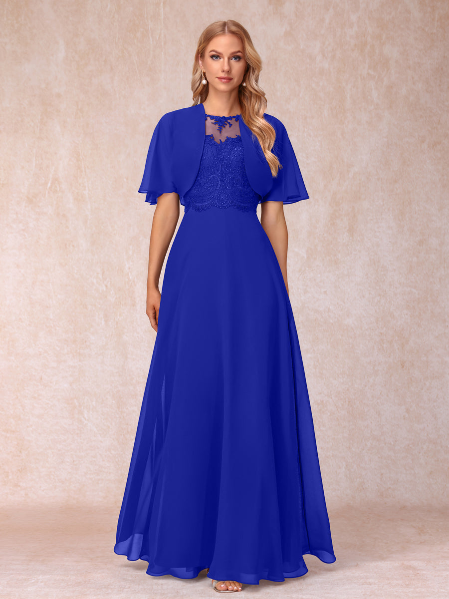 A-Line Chiffon Long Mother of the Bride Dresses with Jacket &amp; Appliques