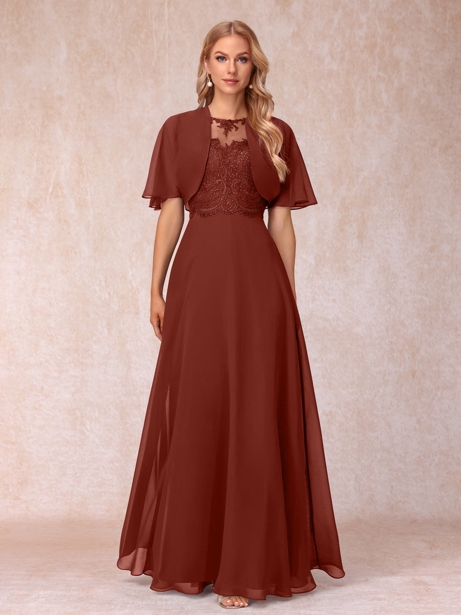 A-Line Chiffon Long Mother of the Bride Dresses with Jacket &amp; Appliques