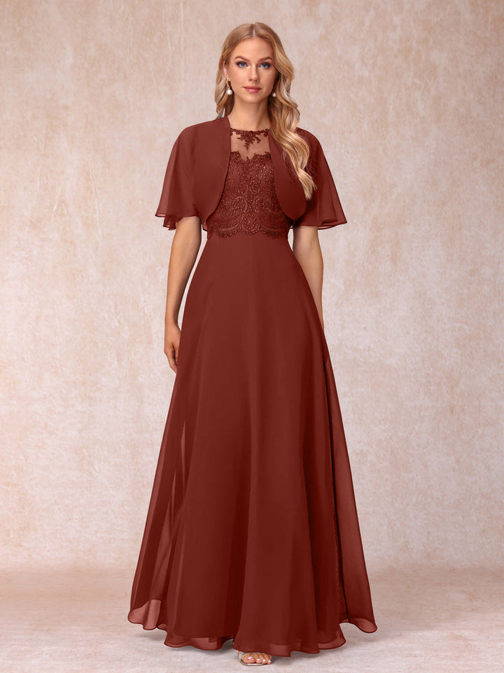 A-Line Chiffon Long Mother of the Bride Dresses with Jacket &amp; Appliques