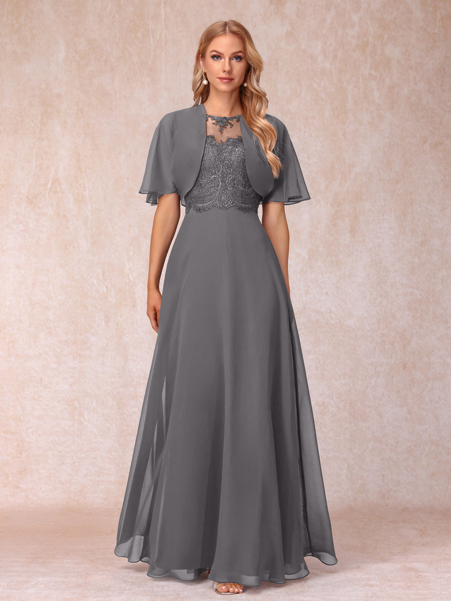 A-Line Chiffon Long Mother of the Bride Dresses with Jacket & Appliques