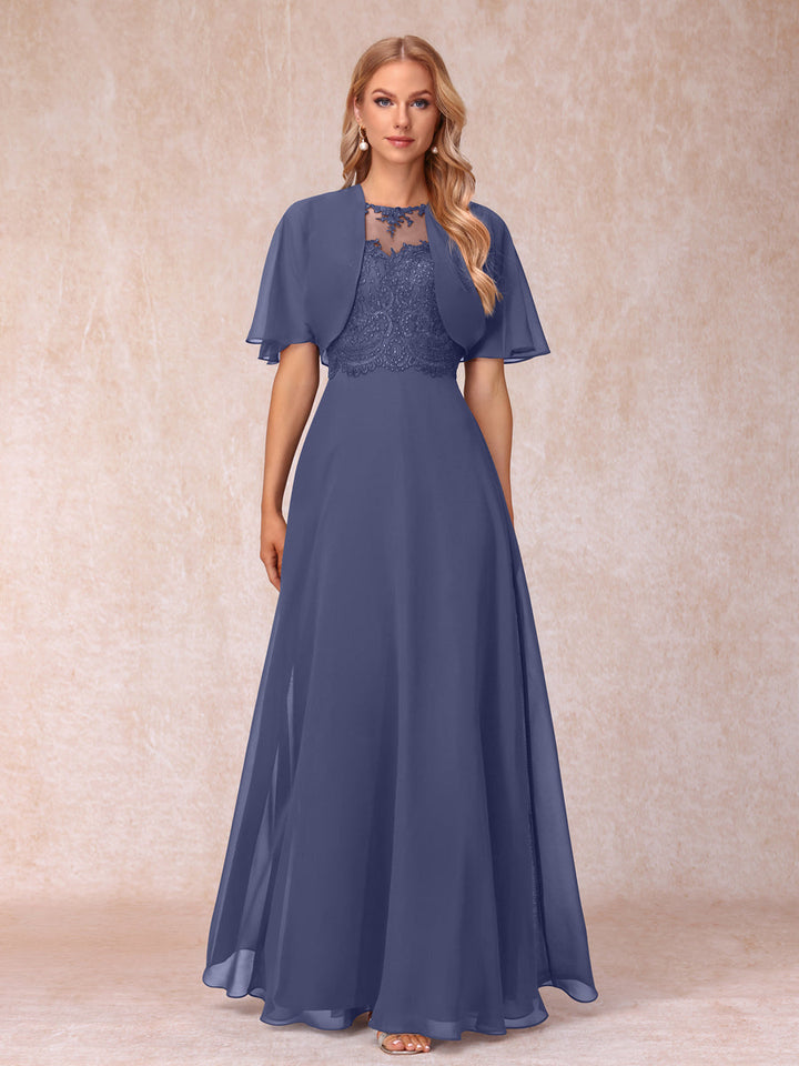 A-Line Chiffon Long Mother of the Bride Dresses with Jacket &amp; Appliques