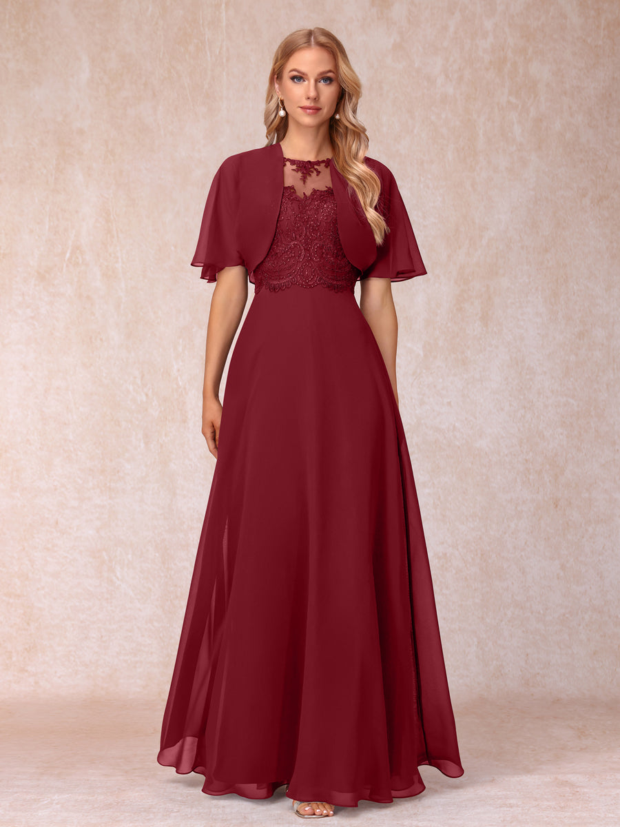 A-Line Chiffon Long Mother of the Bride Dresses with Jacket &amp; Appliques