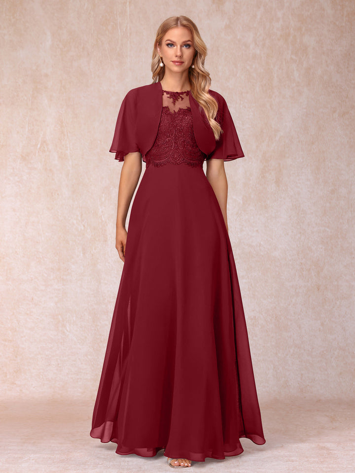 A-Line Chiffon Long Mother of the Bride Dresses with Jacket &amp; Appliques