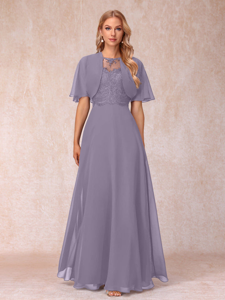 A-Line Chiffon Long Mother of the Bride Dresses with Jacket &amp; Appliques