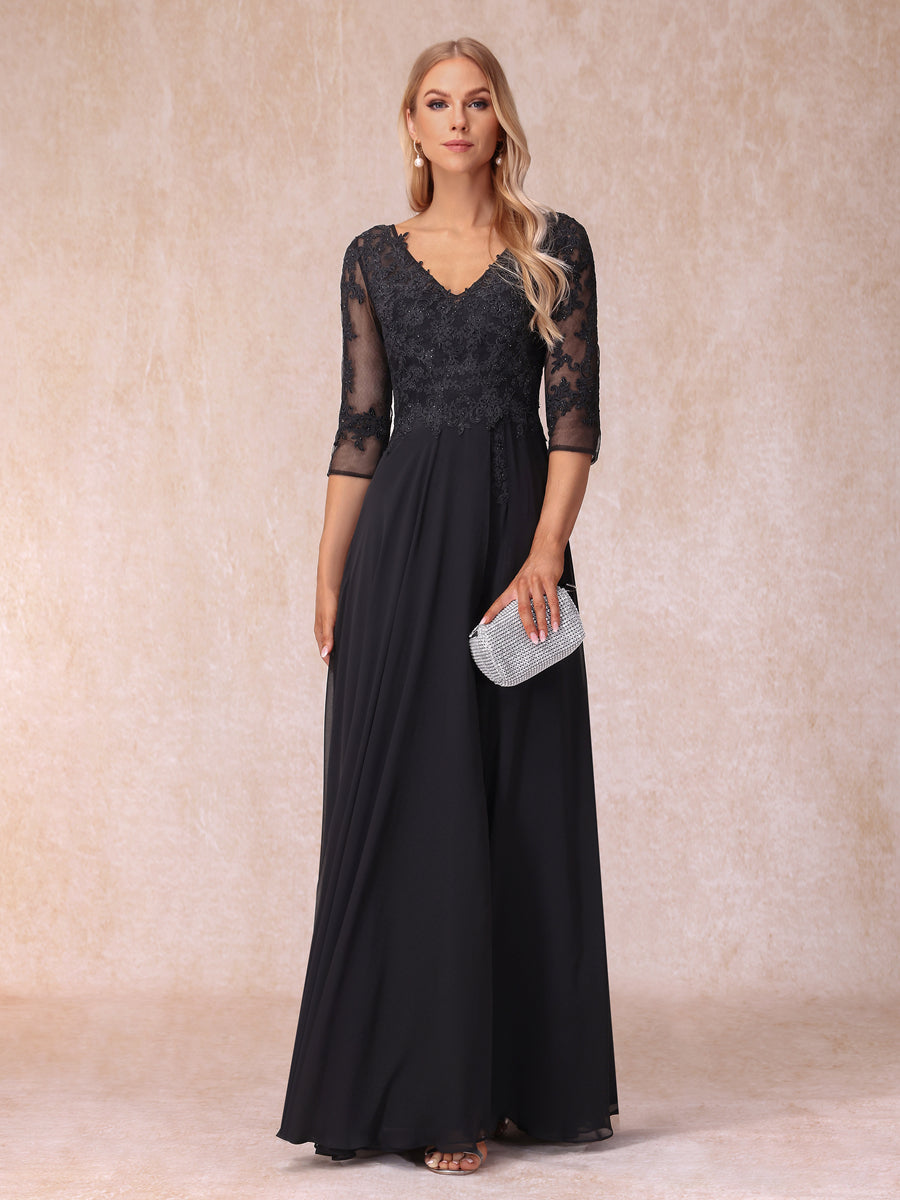A-Line/Princess V-Neck 3/4 Sleeves Long Formal Evening Dresses with Beading &amp; Appliques