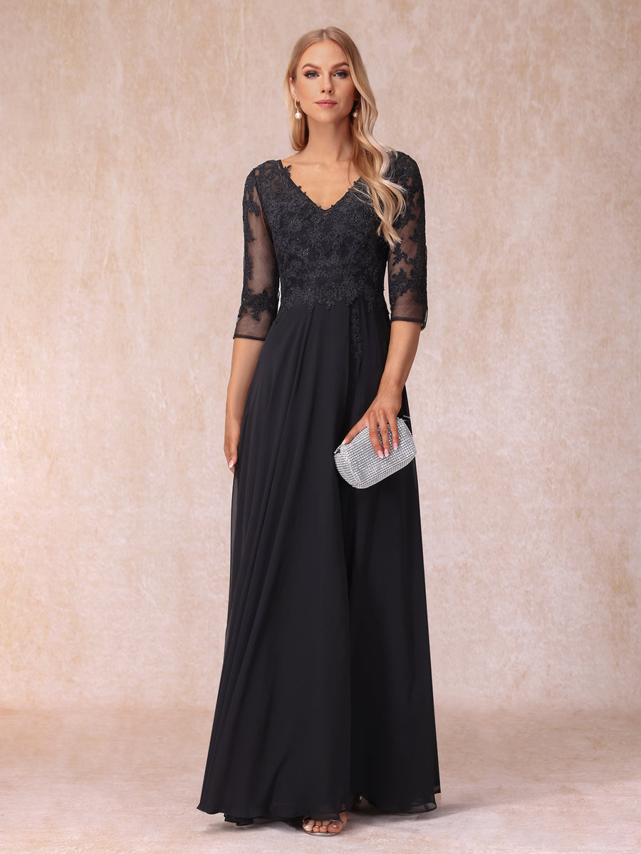 A-Line/Princess V-Neck 3/4 Sleeves Long Formal Evening Dresses with Beading & Appliques
