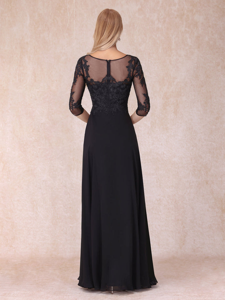 A-Line/Princess V-Neck 3/4 Sleeves Long Formal Evening Dresses with Beading &amp; Appliques