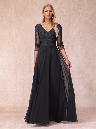 A-Line/Princess V-Neck 3/4 Sleeves Long Formal Evening Dresses with Beading & Appliques