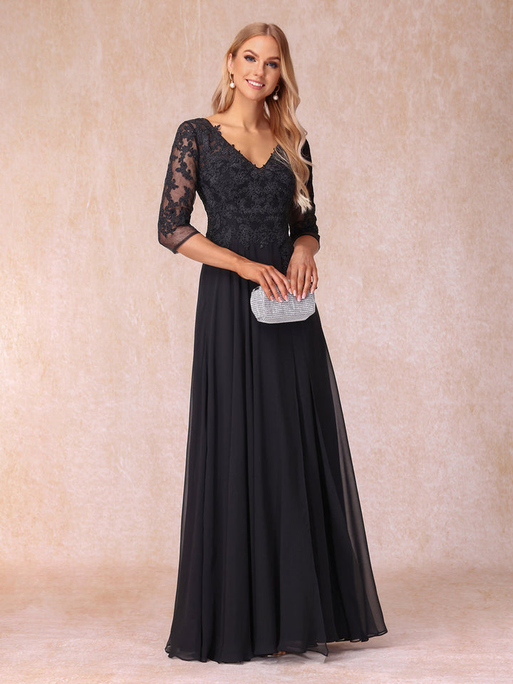 A-Line/Princess V-Neck 3/4 Sleeves Long Formal Evening Dresses with Beading &amp; Appliques