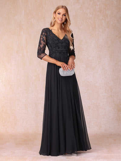 A-Line/Princess V-Neck 3/4 Sleeves Long Formal Evening Dresses with Beading & Appliques