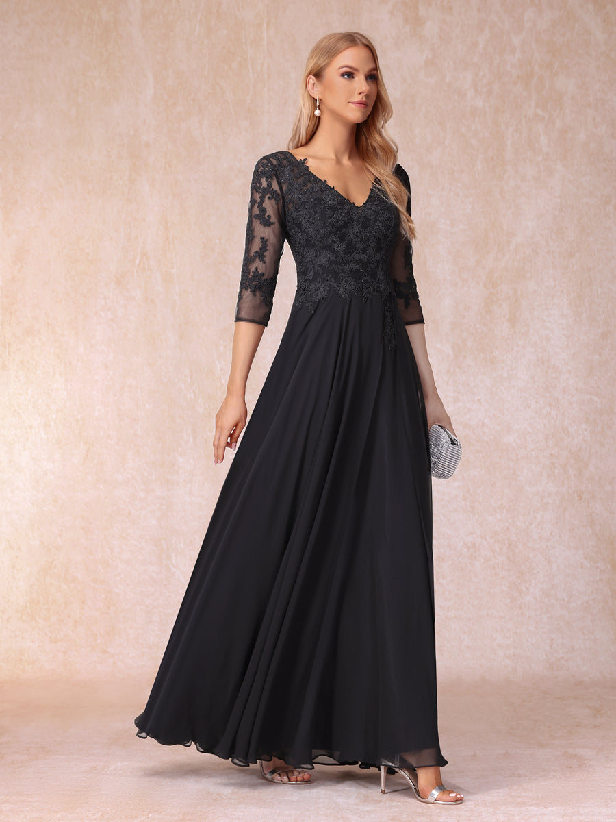 A-Line/Princess V-Neck 3/4 Sleeves Long Formal Evening Dresses with Beading &amp; Appliques
