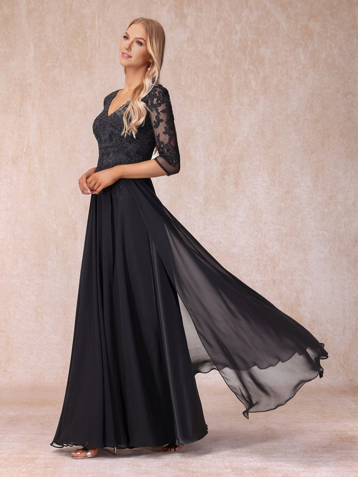 A-Line/Princess V-Neck 3/4 Sleeves Long Formal Evening Dresses with Beading &amp; Appliques