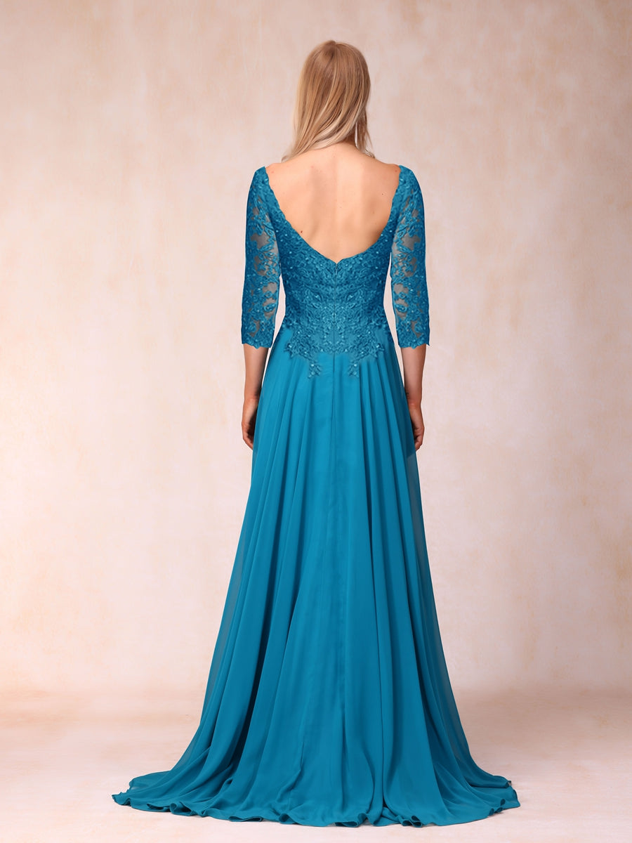 A Line Princess V Neck 3 4 Sleeves Long Formal Evening Dresses with Se Lavetir