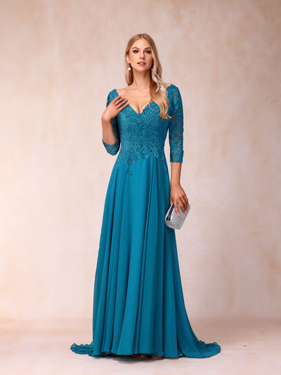 A-Line/Princess V-Neck 3/4 Sleeves Long Formal Evening Dresses with Sequins