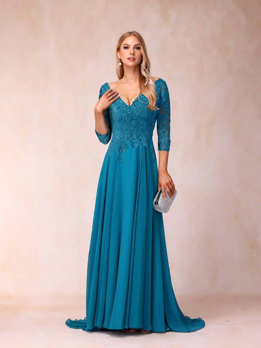 A-Line/Princess V-Neck 3/4 Sleeves Long Formal Evening Dresses with Sequins