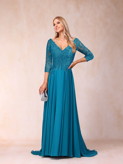 A-Line/Princess V-Neck 3/4 Sleeves Long Formal Evening Dresses with Sequins