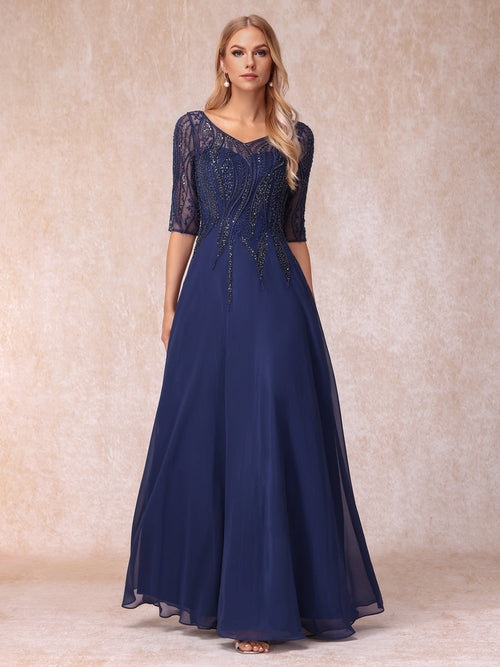 A-Line/Princess V-Neck Half Sleeves Long Formal Evening Dresses with Beading