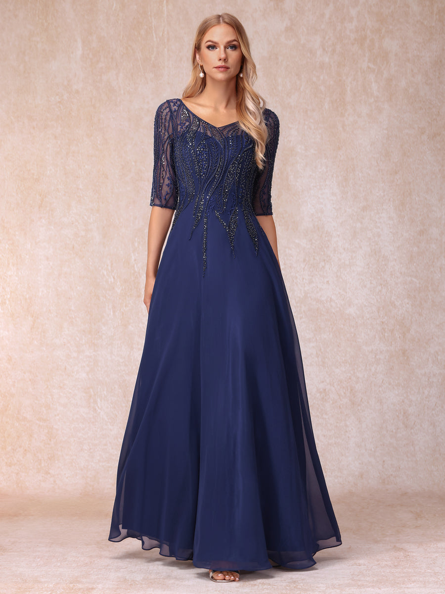 A-Line/Princess V-Neck Half Sleeves Long Formal Evening Dresses with Beading