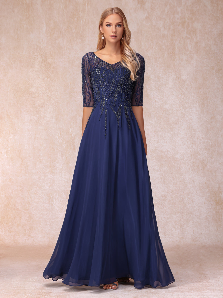 A-Line/Princess V-Neck Half Sleeves Long Formal Evening Dresses with Beading