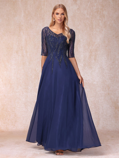 A-Line/Princess V-Neck Half Sleeves Long Formal Evening Dresses with Beading