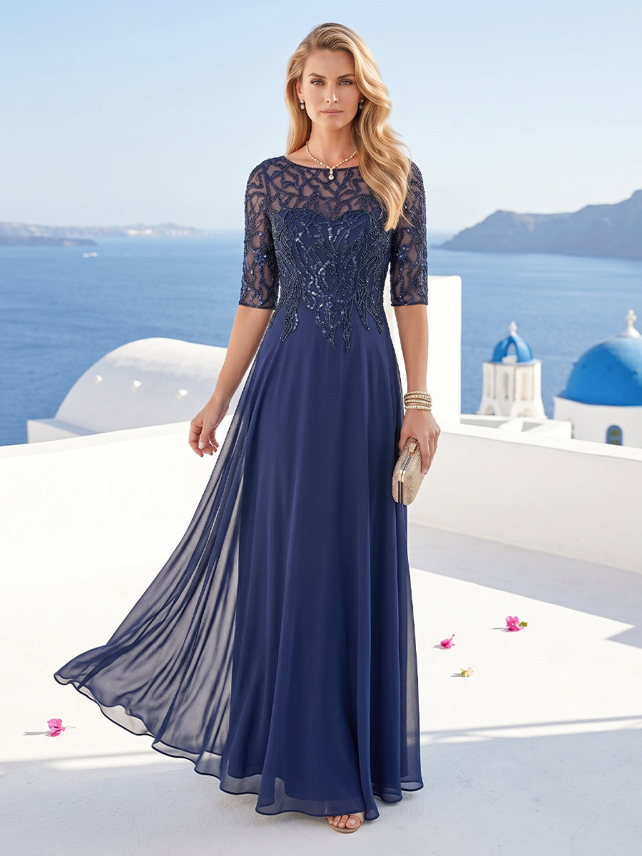 Lavetir Mother of the Bride Dresses 2026 A-Line/Princess Sheer Neck Half Sleeves Long Formal Evening Dresses with Beading & Sequins