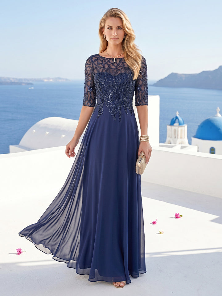 A-Line/Princess Sheer Neck Half Sleeves Long Formal Evening Dresses with Beading &amp; Sequins