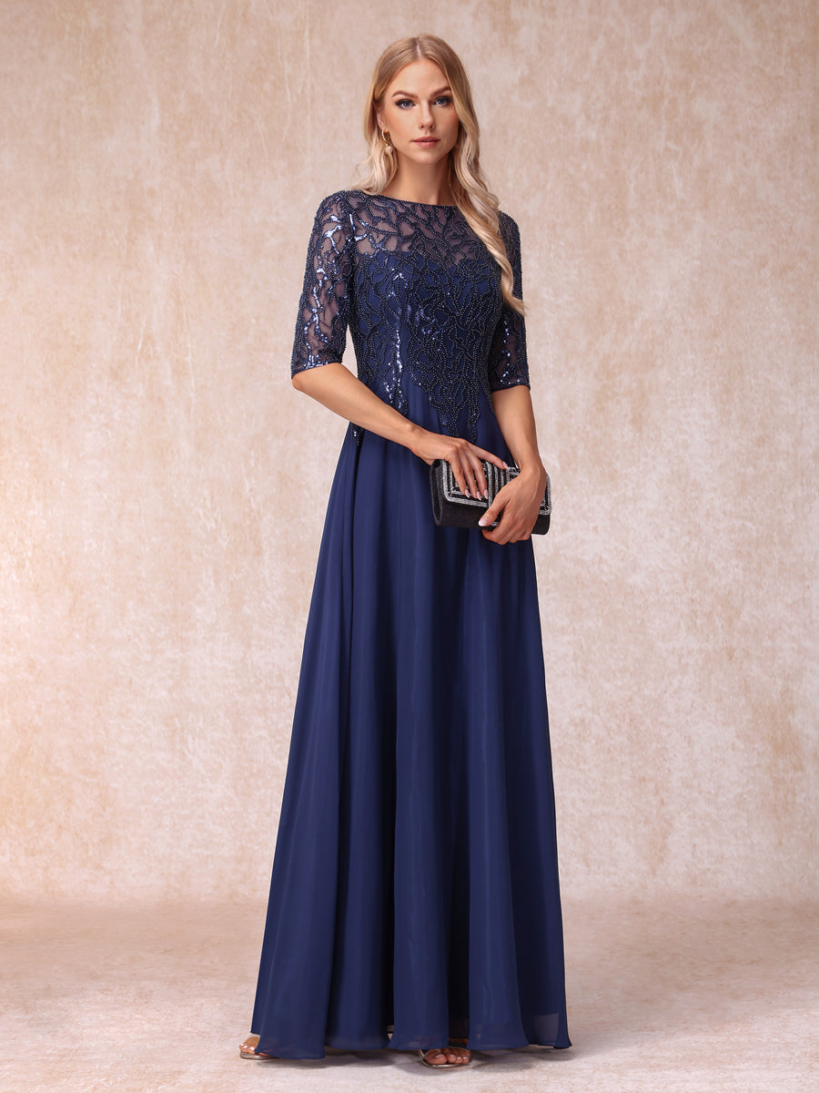 A-Line/Princess Sheer Neck Half Sleeves Long Formal Evening Dresses with Beading & Sequins