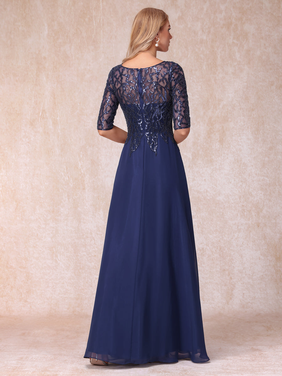 A-Line/Princess Sheer Neck Half Sleeves Long Formal Evening Dresses with Beading & Sequins