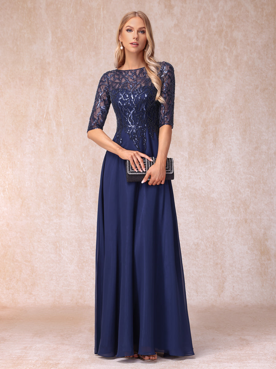 A-Line/Princess Sheer Neck Half Sleeves Long Formal Evening Dresses with Beading & Sequins