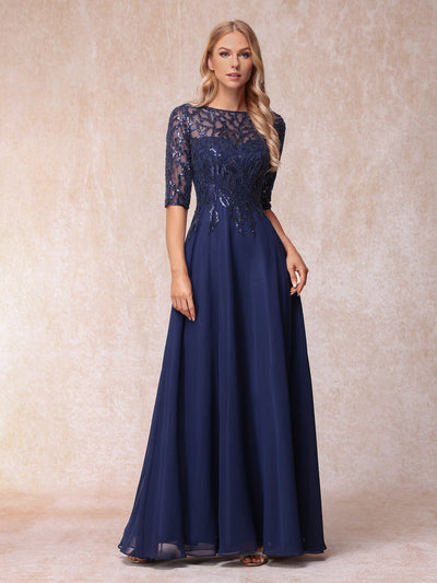 A-Line/Princess Sheer Neck Half Sleeves Long Formal Evening Dresses with Beading & Sequins