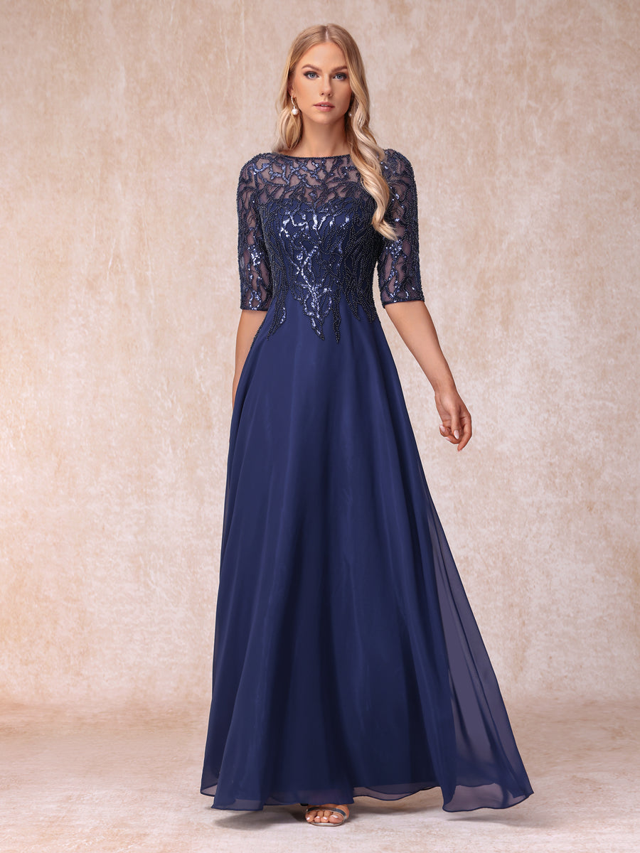 A-Line/Princess Sheer Neck Half Sleeves Long Formal Evening Dresses with Beading & Sequins