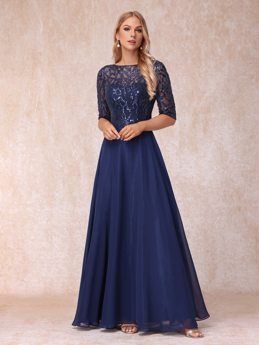 A-Line/Princess Sheer Neck Half Sleeves Long Formal Evening Dresses with Beading & Sequins