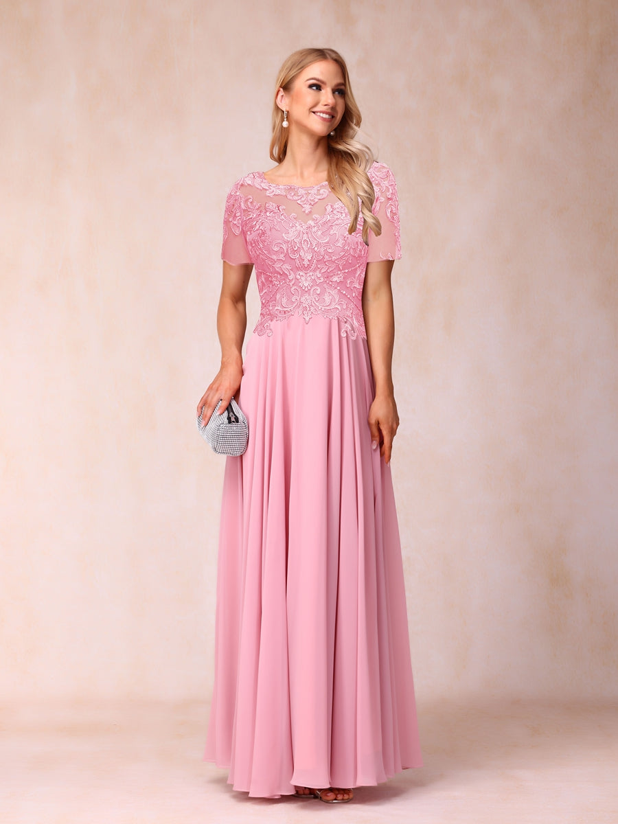 A-Line/Princess Sheer Neck Short Sleeves Long Formal Evening Dresses with Sequins &amp; Appliques