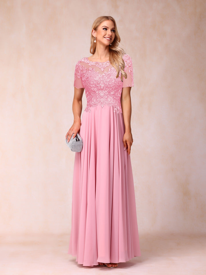 A-Line/Princess Sheer Neck Short Sleeves Long Formal Evening Dresses with Sequins &amp; Appliques