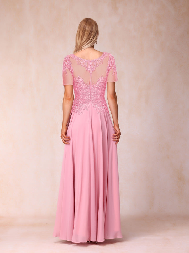A-Line/Princess Sheer Neck Short Sleeves Long Formal Evening Dresses with Sequins &amp; Appliques