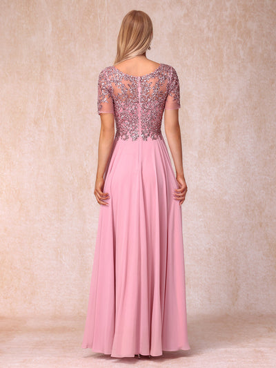 A-Line/Princess Sheer Neck Short Sleeves Long Formal Evening Dresses with Sequins & Appliques