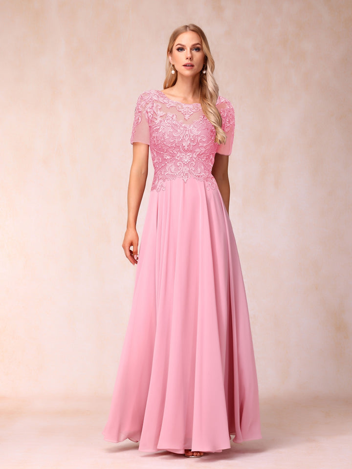 A-Line/Princess Sheer Neck Short Sleeves Long Formal Evening Dresses with Sequins &amp; Appliques