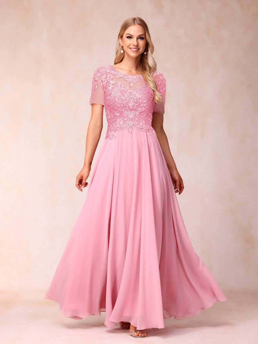 A-Line/Princess Sheer Neck Short Sleeves Long Formal Evening Dresses with Sequins &amp; Appliques