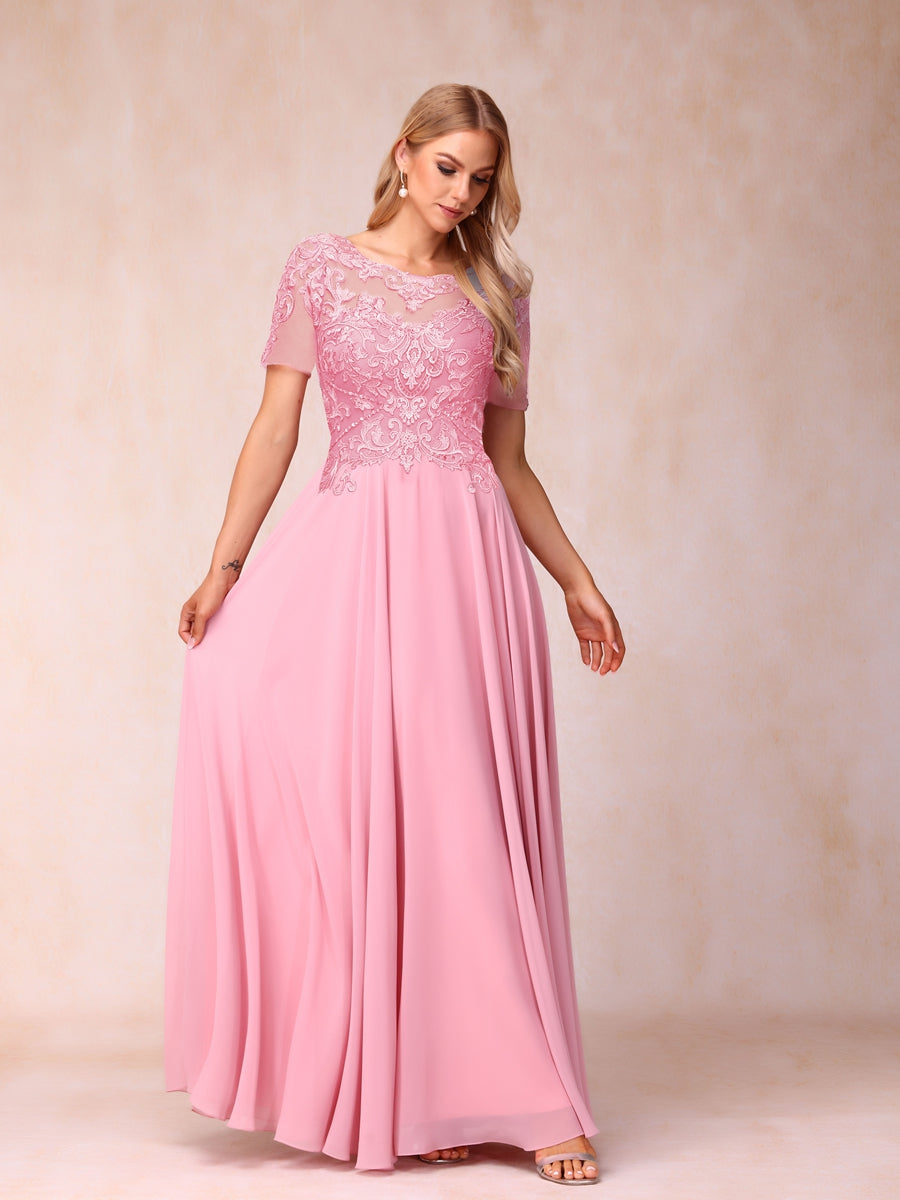 A-Line/Princess Sheer Neck Short Sleeves Long Formal Evening Dresses with Sequins &amp; Appliques