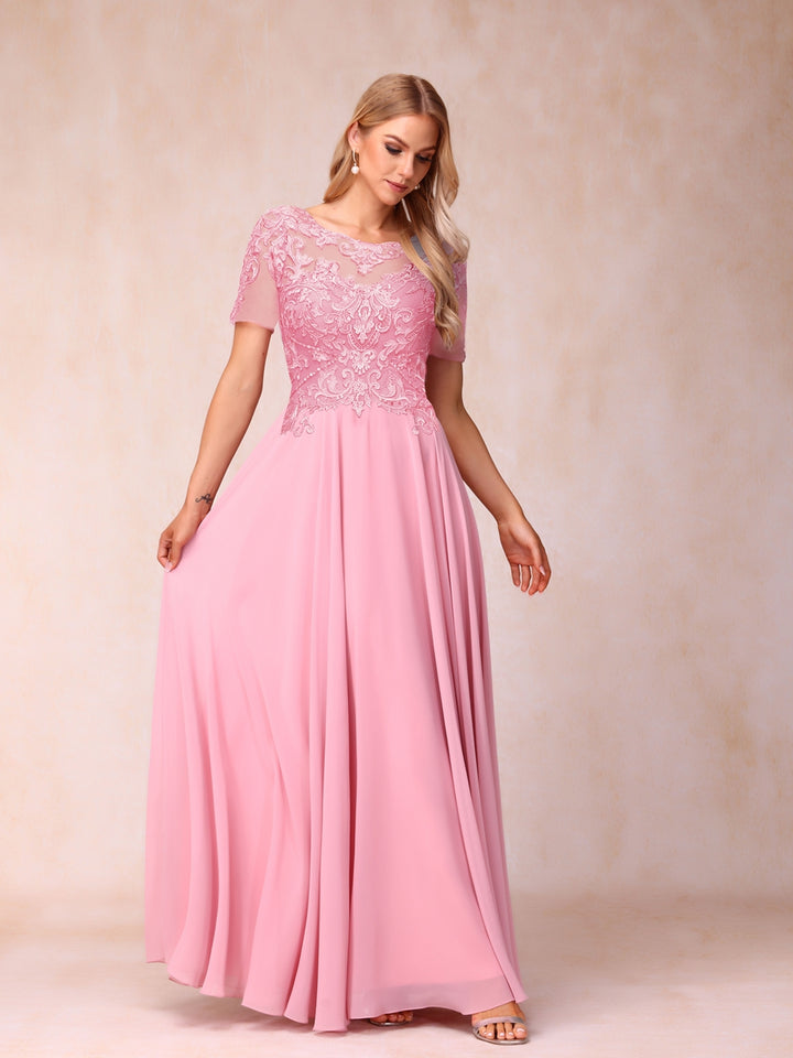 A-Line/Princess Sheer Neck Short Sleeves Long Formal Evening Dresses with Sequins &amp; Appliques
