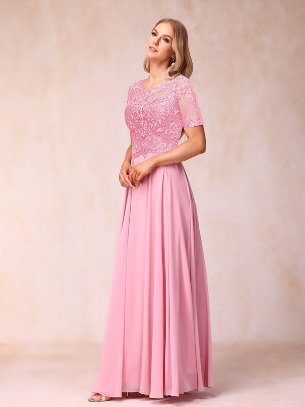 A-Line/Princess Sheer Neck Short Sleeves Long Formal Evening Dresses with Sequins & Appliques