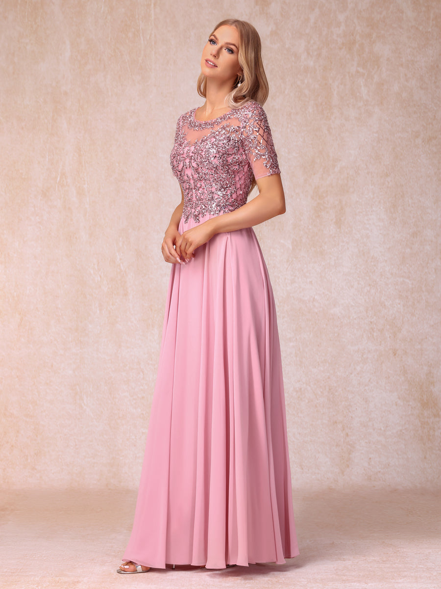 A-Line/Princess Sheer Neck Short Sleeves Long Formal Evening Dresses with Sequins & Appliques
