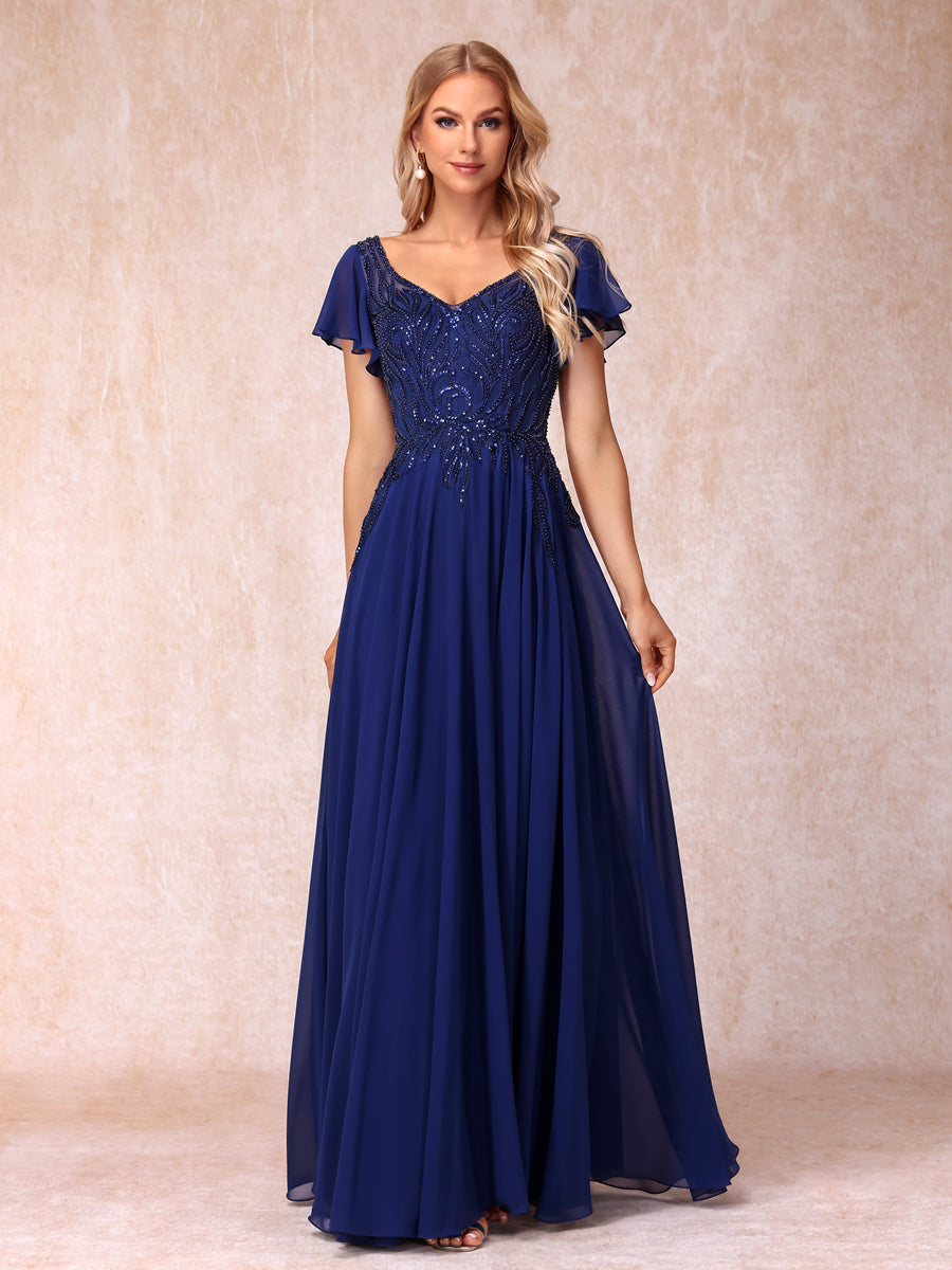 A-Line/Princess V-Neck Short Sleeves Long Formal Evening Dresses with Beading & Sequins