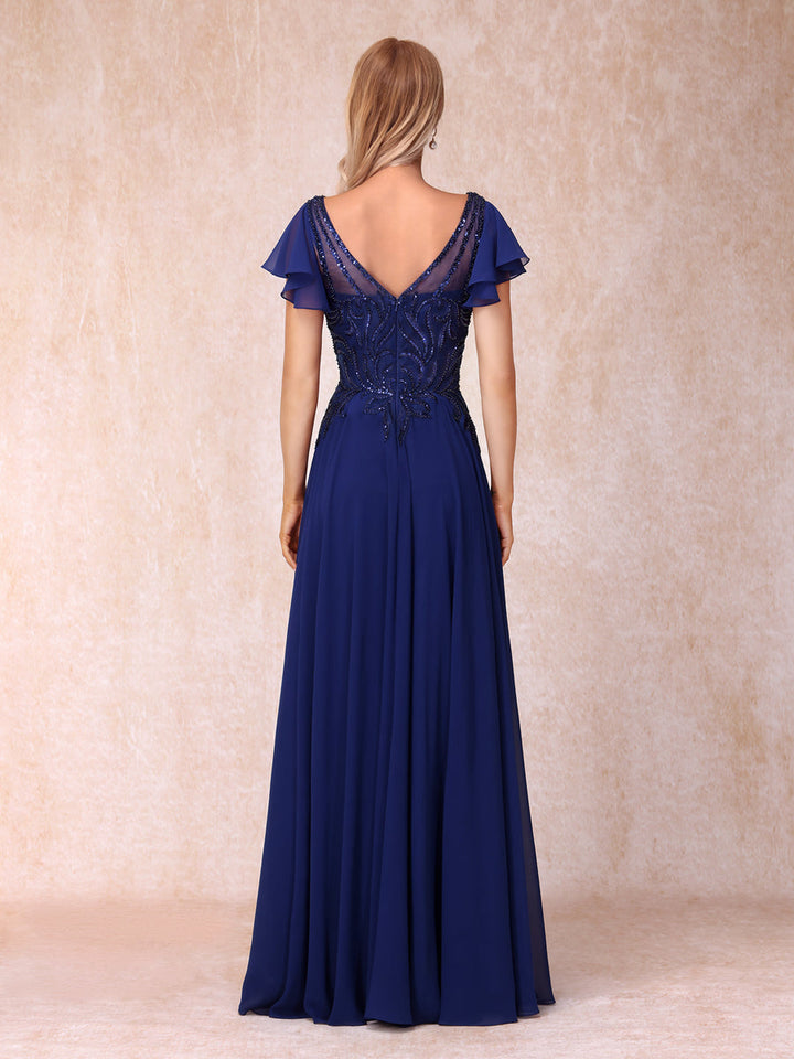 A-Line/Princess V-Neck Short Sleeves Long Formal Evening Dresses with Beading &amp; Sequins