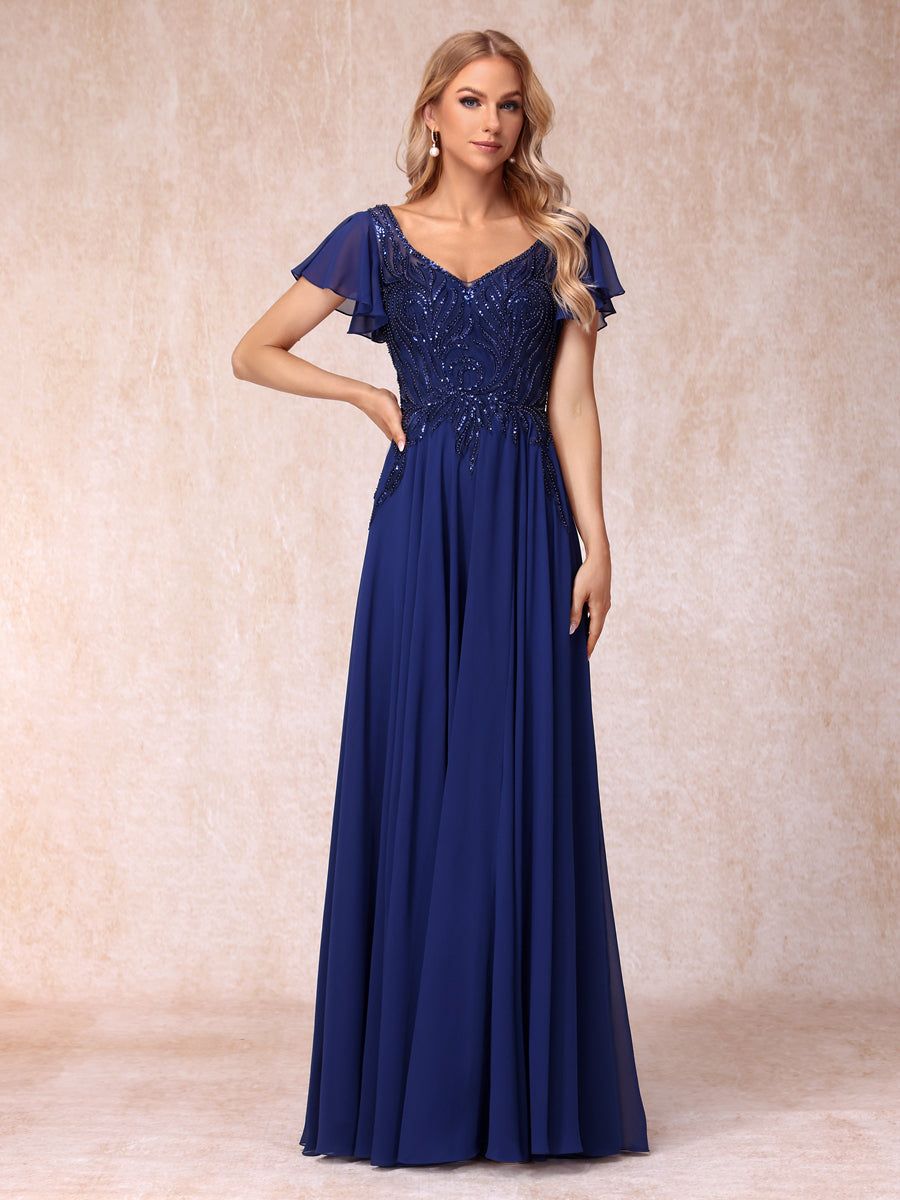 A-Line/Princess V-Neck Short Sleeves Long Formal Evening Dresses with Beading & Sequins