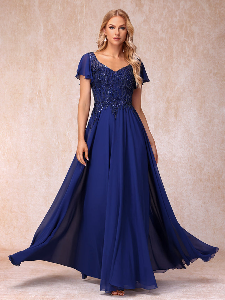 A-Line/Princess V-Neck Short Sleeves Long Formal Evening Dresses with Beading &amp; Sequins